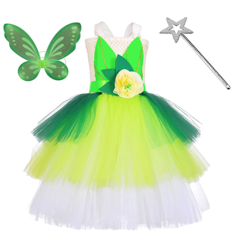 ฮัลโลวีนคอสเพลย์เจ้าหญิงเด็กสาวปาร์ตี้ดอกไม้สีเขียวนางฟ้าทิงเกอร์ชุดเบลล์ชุดเอลฟ์กับชุดปีกผีเสื้อ