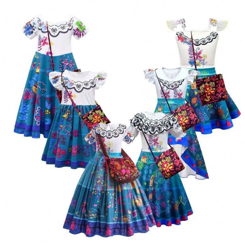 2022 เด็ก Encanto Madrigal Princess Skirts ชุดเดรส Mirabel สีน้ำเงินจาก Encanto พร้อมกระเป๋า 100-160 ซม. HCIS-001