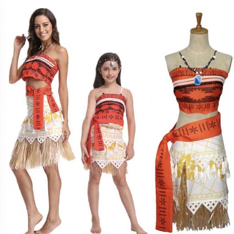 Halloween Party Adult Kids Cosplay Vaiana Princess Moana ชุดแต่งกายสำหรับผู้ใหญ่พร้อมสร้อยคอ HCMO-005