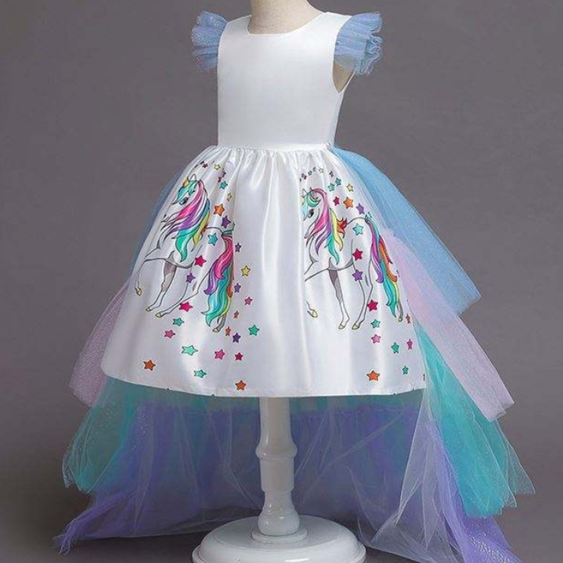 2020 Summer Kids แขนเสื้อ Rainbow Princess Birthday Party Unicorn Puffy Dress พร้อม DJS100