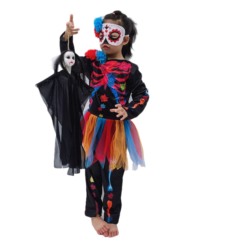 รูปแบบใหม่ชุดฮาโลวีนแฟชั่นโครงกระดูกเด็กที่น่ากลัวเครื่องแต่งกายสยองขวัญ Skull Jumpsuit Carnival Party Kids Costume